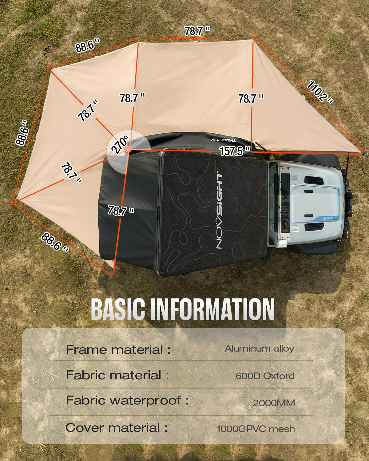 Novsight 270 Degree Car Side Awning for Camping – Khaki - NOVSIGHT