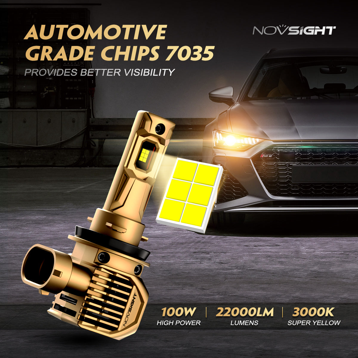 N62Y | H11 H8 H9 Yellow LED Headlight Bulbs 22000Lumen 100W 3000K Yellow | 2 Bulbs - NOVSIGHT