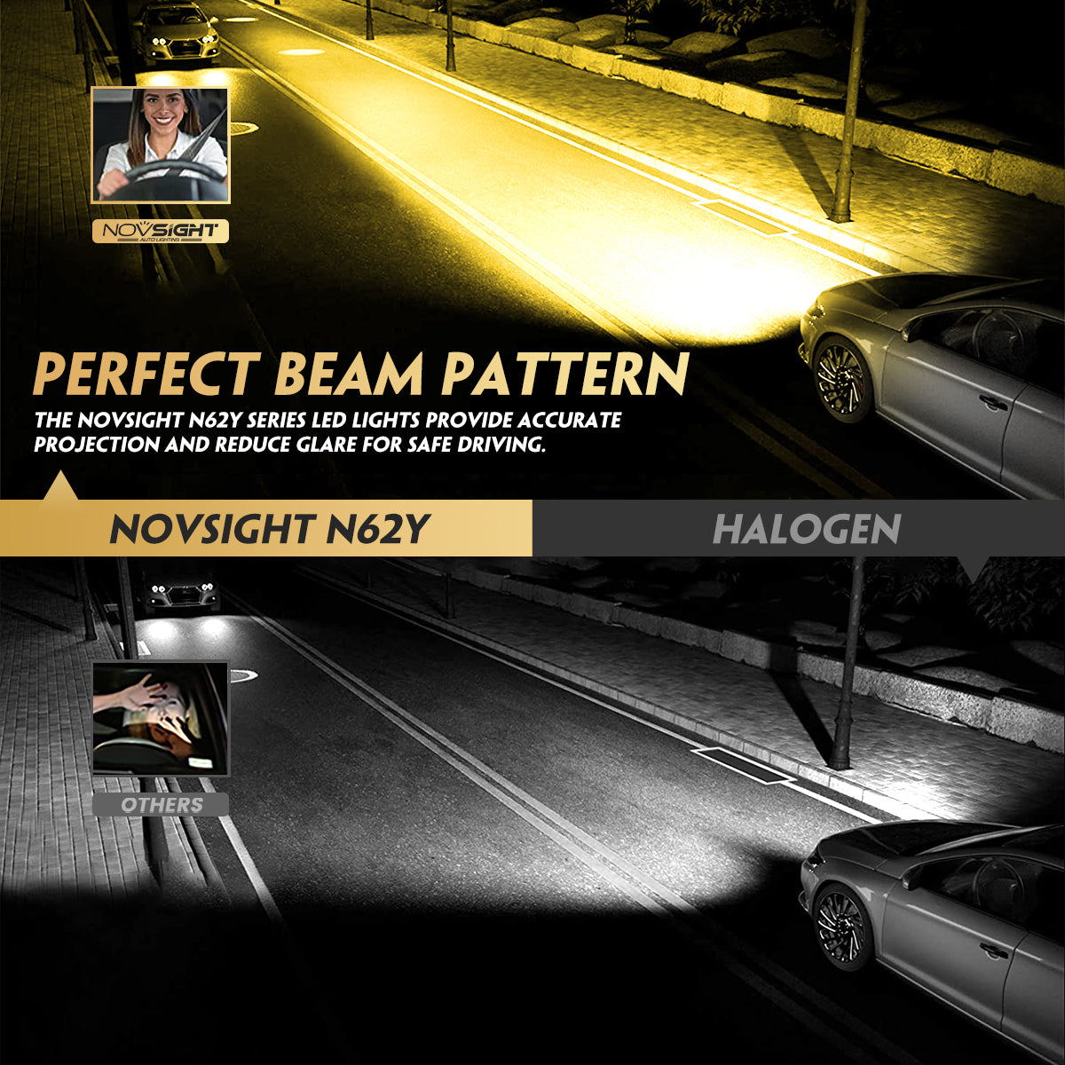 N62Y | H11 H8 H9 Yellow LED Headlight Bulbs 22000Lumen 100W 3000K Yellow | 2 Bulbs - NOVSIGHT
