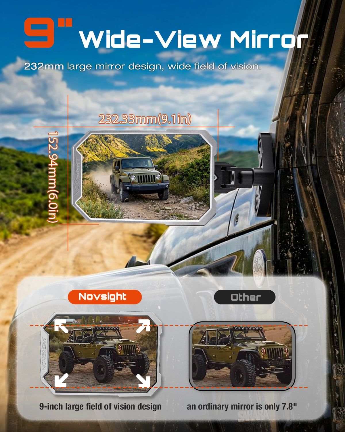 Wide-view mirror with a vehicle on a dirt road and mountainous background