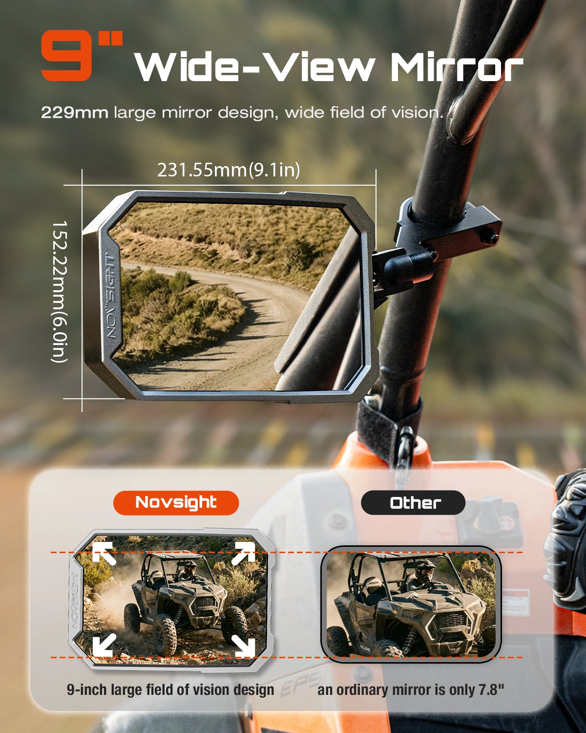 9-inch UTV Side Mirrors Universal Fit 1.5" to 2" Roll Cage - NOVSIGHT