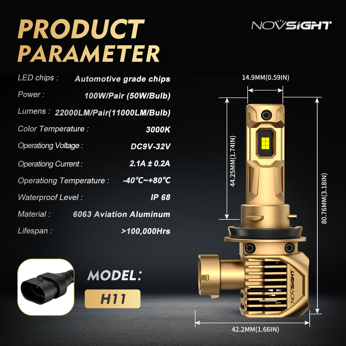 N62Y | H11 H8 H9 Yellow LED Headlight Bulbs 22000Lumen 100W 3000K Yellow | 2 Bulbs - NOVSIGHT