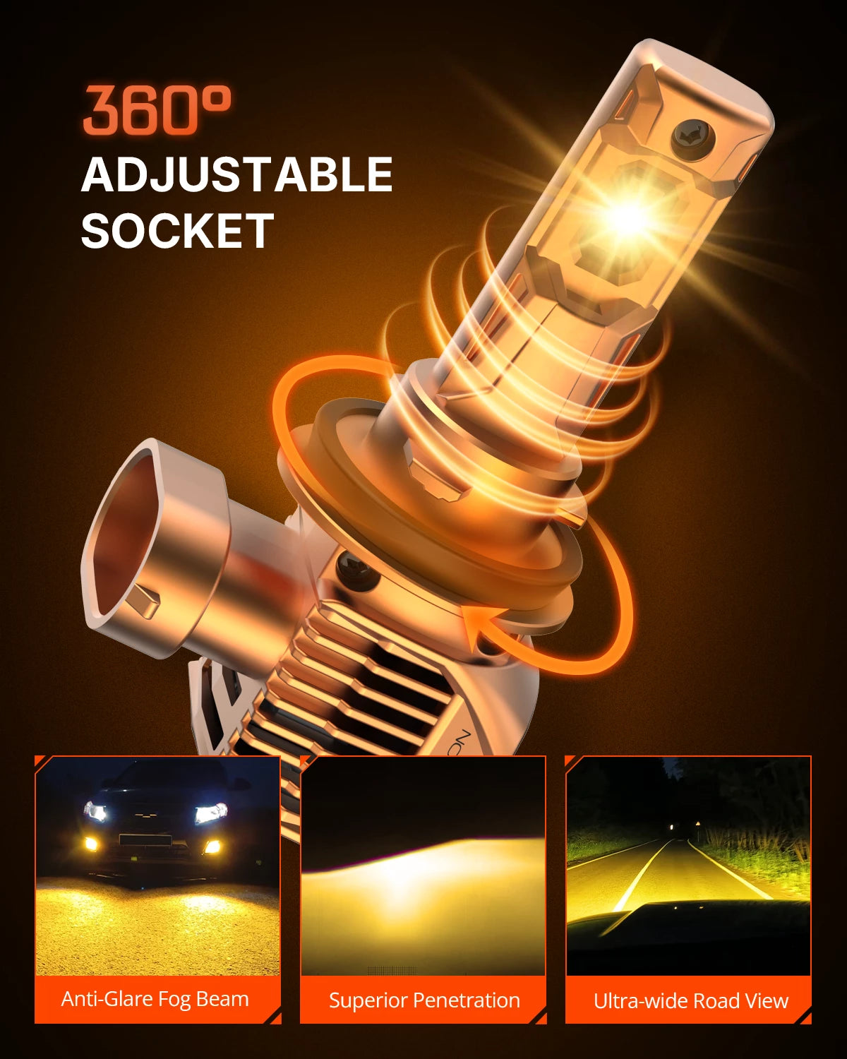 N62 Series | H11 H8 H9 LED Fog Light Bulbs 100W 22000LM 3000K Golden Yellow Amber | 2 Bulbs