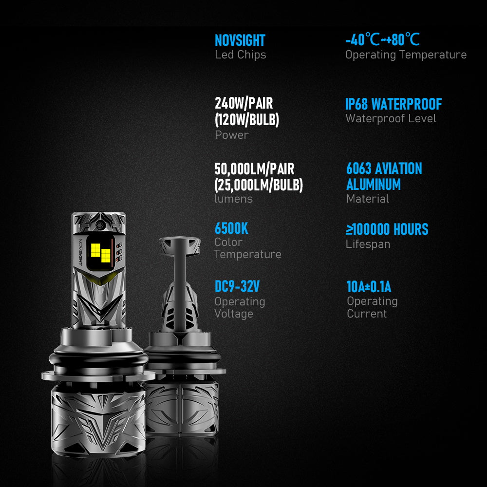 N70-Serie | 9007 HB5 LED-Lampen, superhelle Scheinwerfer, 240 W, 50000 lm, 6500 K, Weiß | 2 Lampen