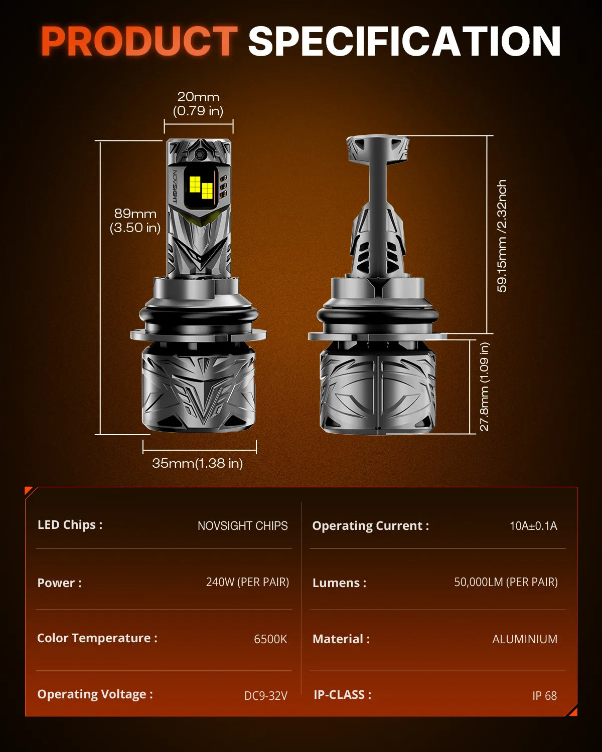 N70 Series | 9007 HB5 LED Bulbs Super Bright Headlights 240W 50000LM 6500K White | 2 Bulbs Headlight | Novsight