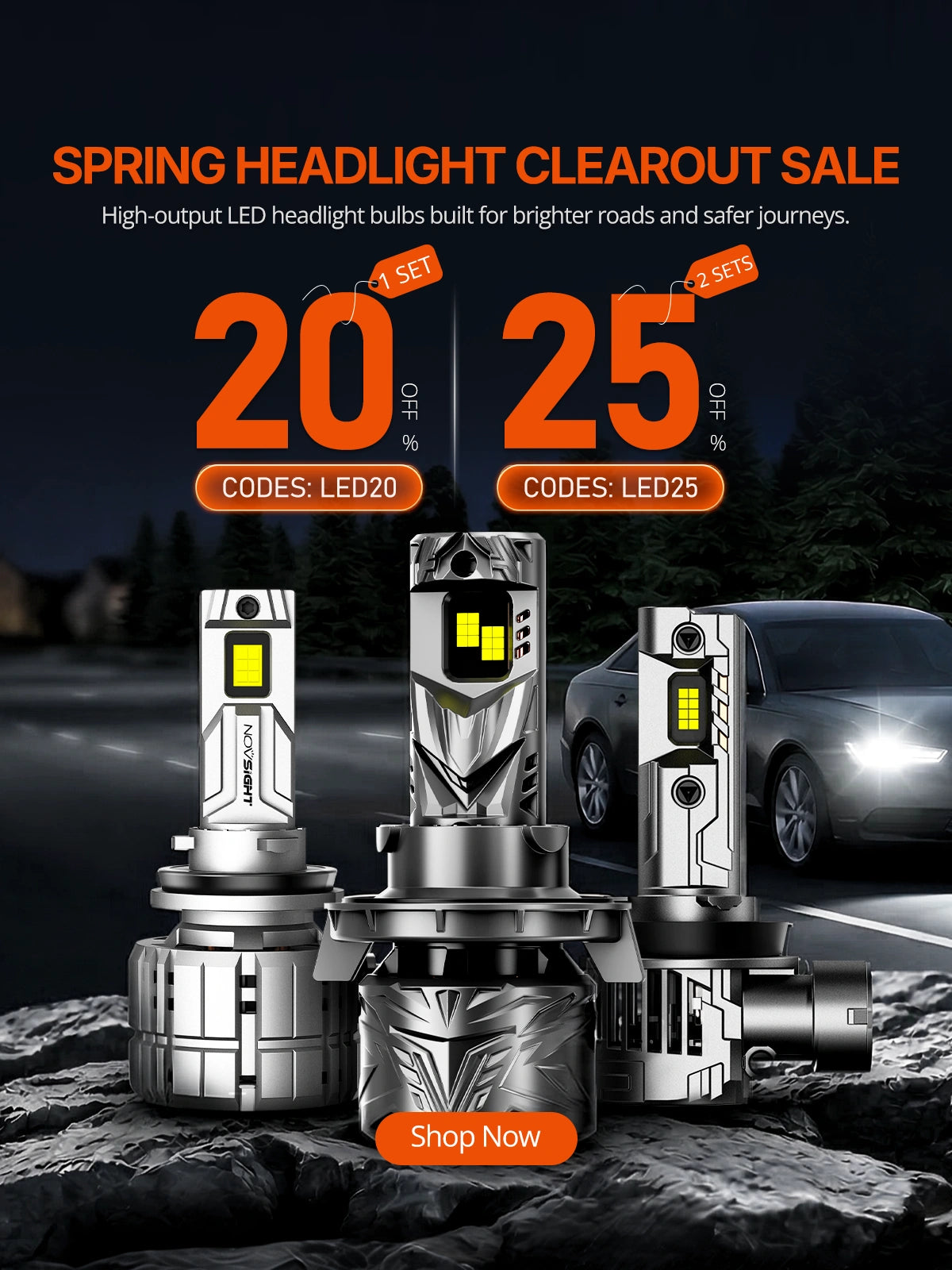 Car headlight bulbs with a dark background and promotional text for a spring headlight clearout sale.