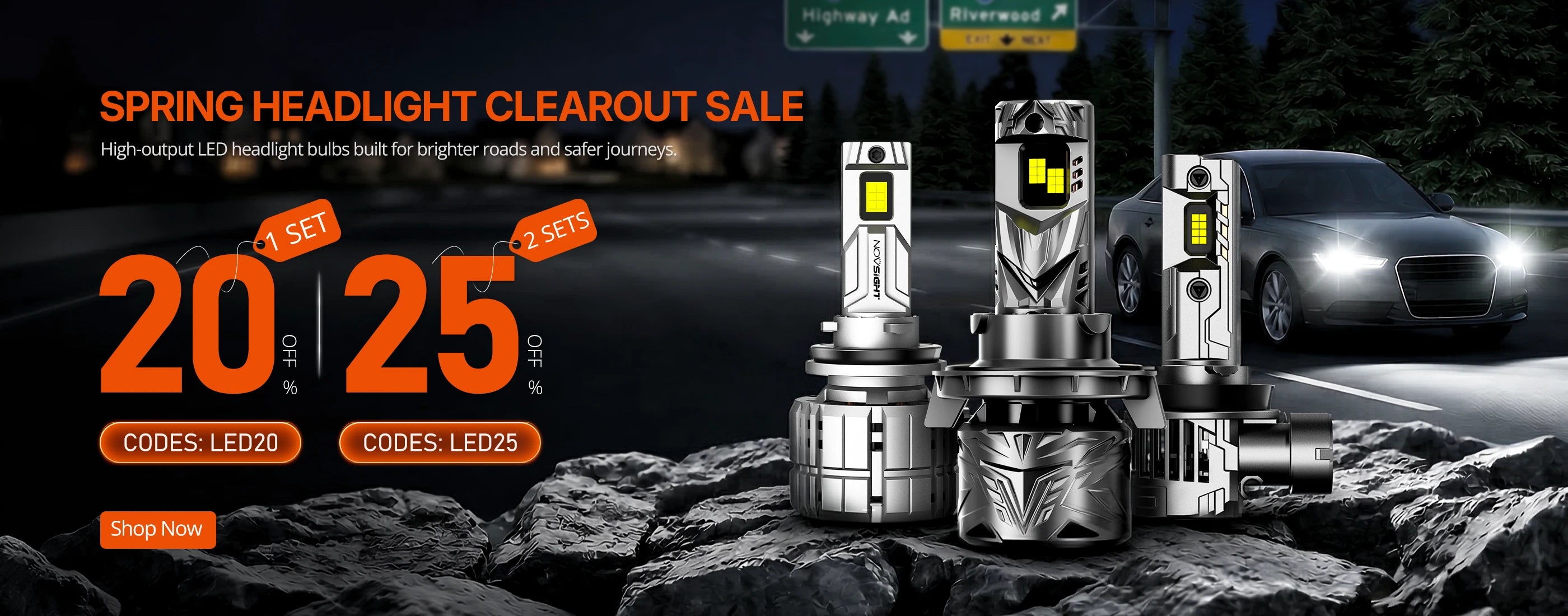 Spring Headlight Clearout Sale advertisement with LED headlights on rocks at night.