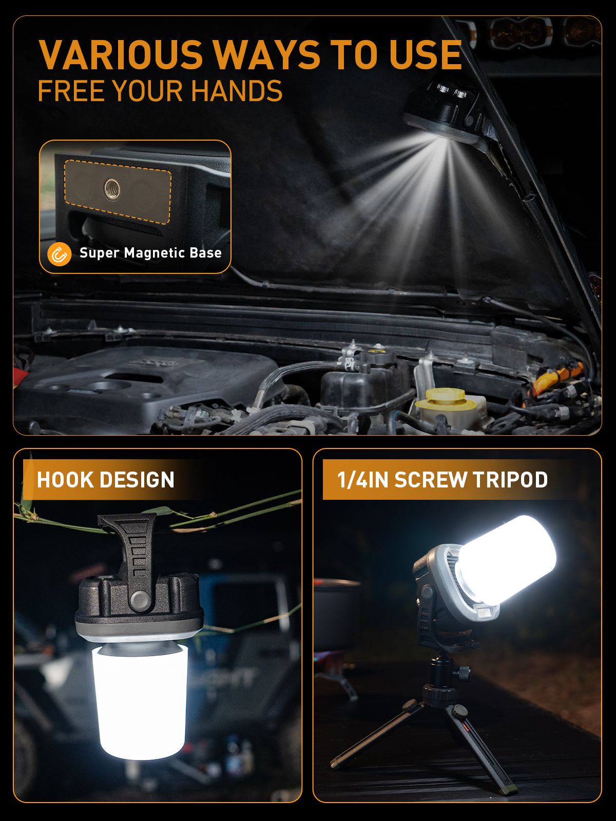Kit de luz de trabajo giratoria magnética recargable LED cuadrada con gancho para acampar fuera de la carretera