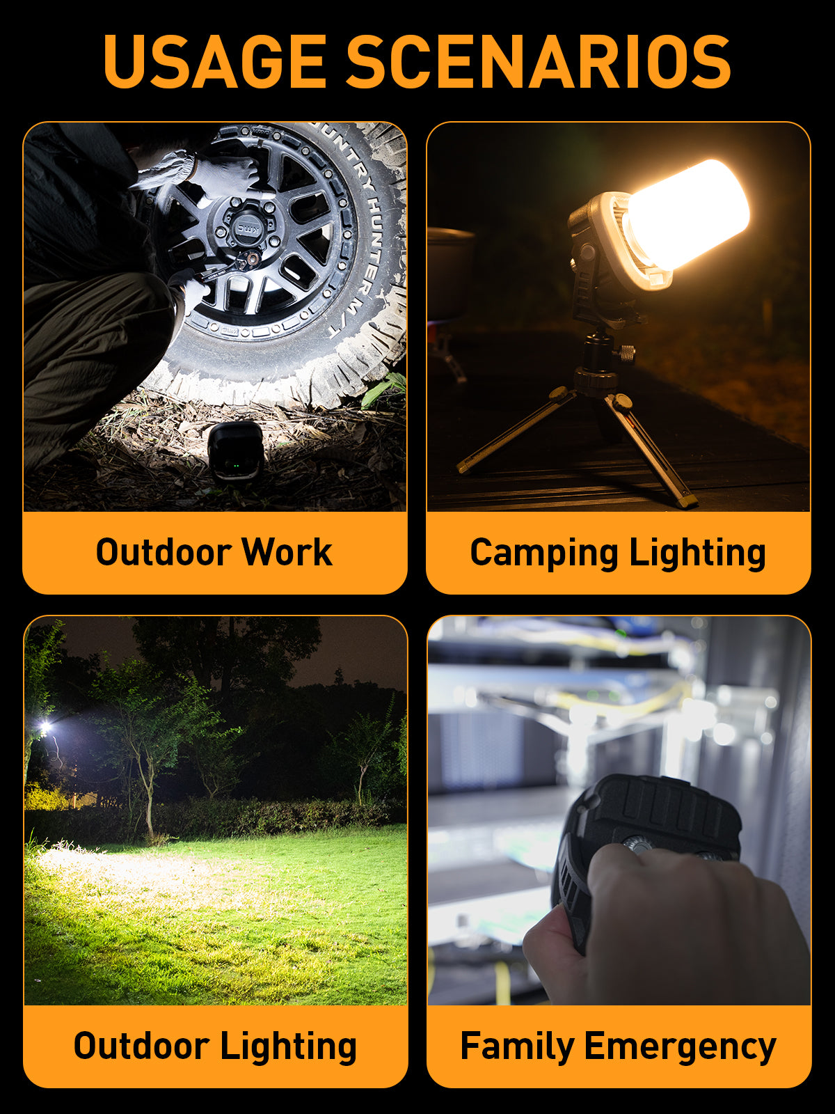 Kit de luz de trabajo giratoria magnética recargable LED cuadrada con gancho para acampar fuera de la carretera