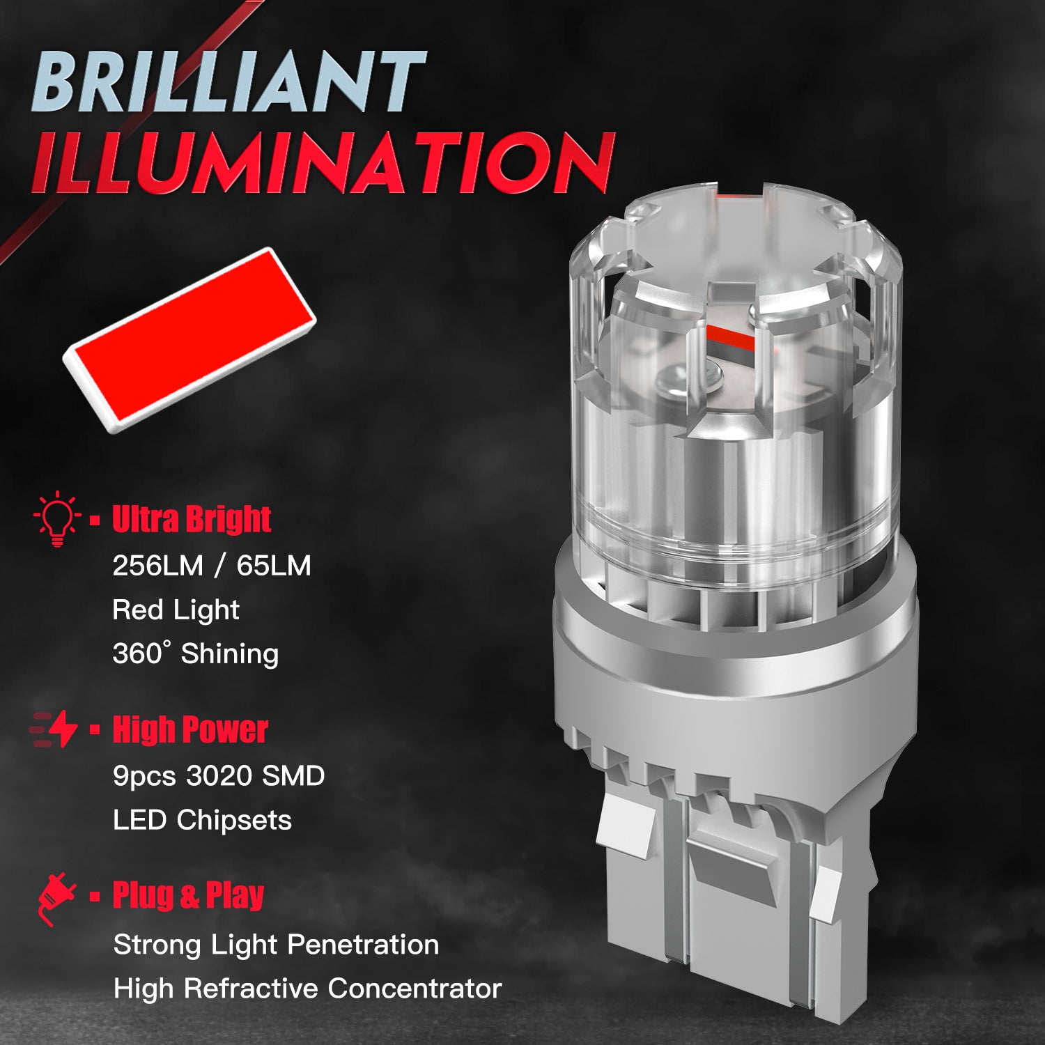 7443 T20 7444 W21 5W Front Turn Signal Light LED Bulbs for Rear Tail Lights Brake Lights - Red