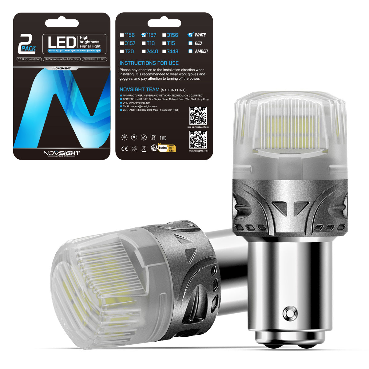 1157 180° P215W BAY15D BA15D LED Bulbs for Rear Front Signaling Lights DRL - White - NOVSIGHT