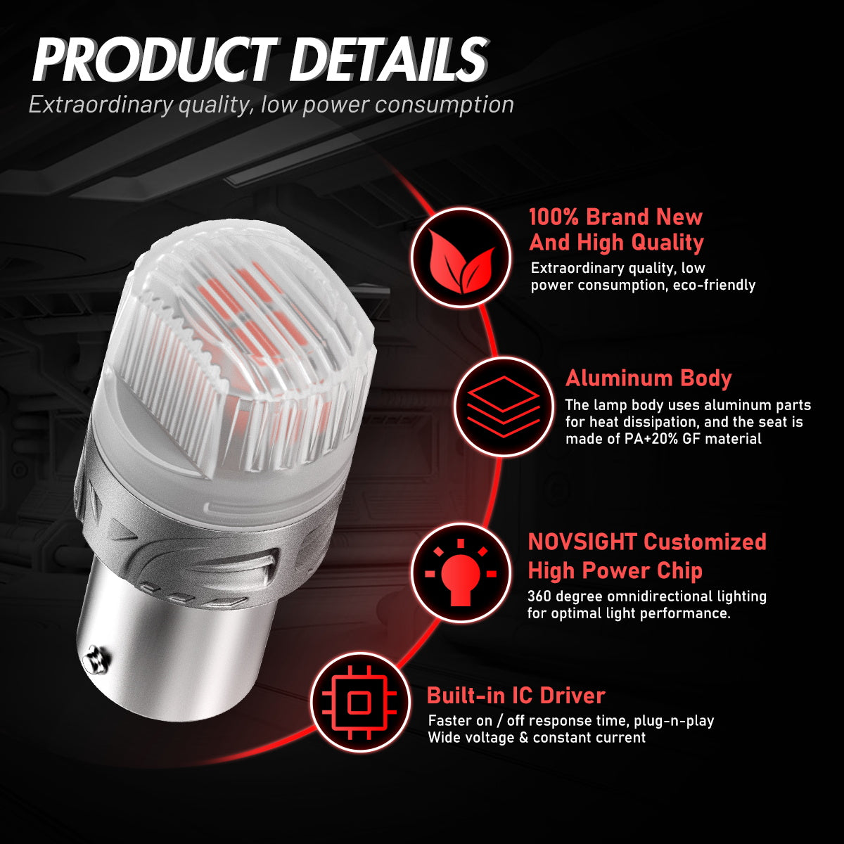 1157 180° P215W BAY15D BA15D LED Bulbs for Rear Tail Lights Brake Lights - Red - NOVSIGHT