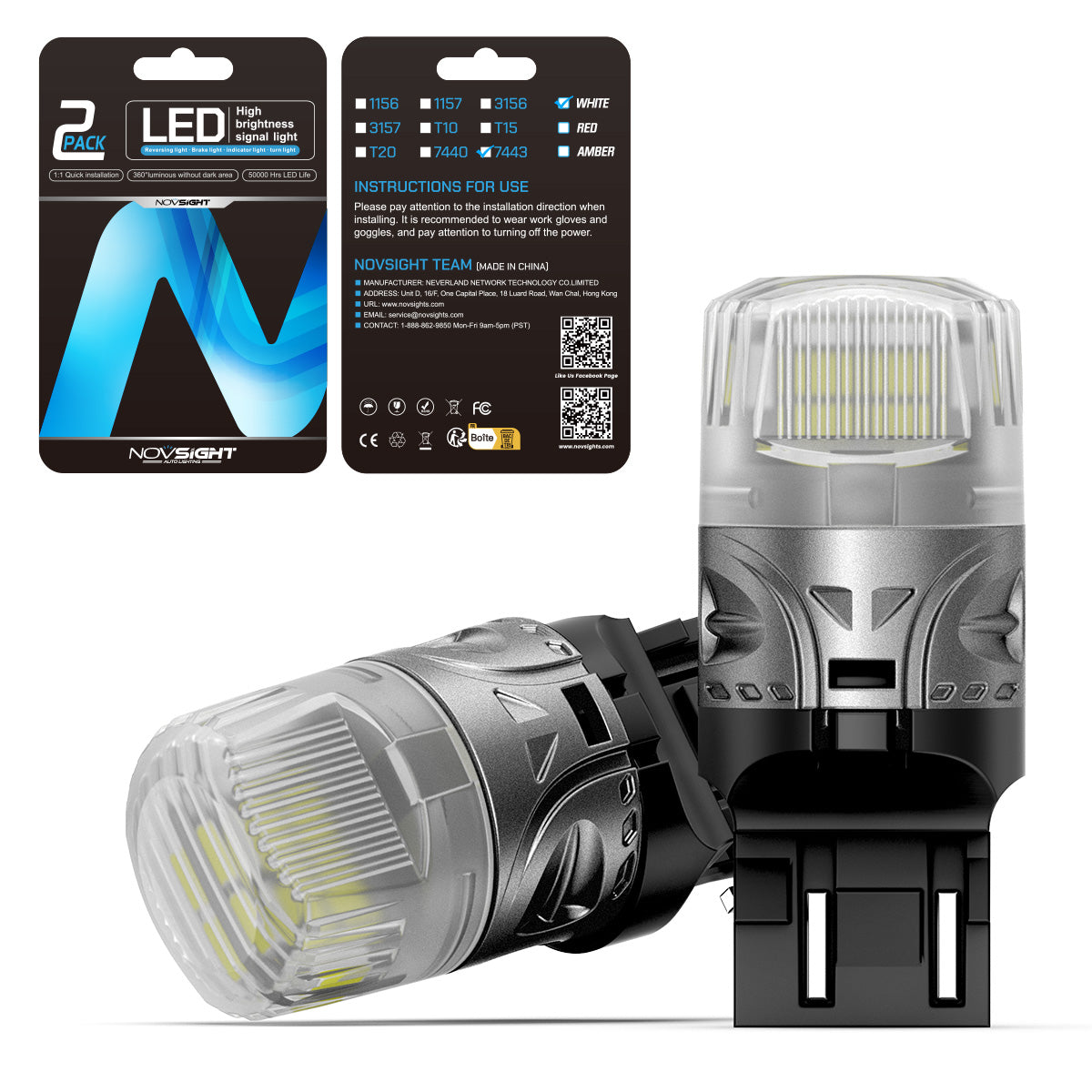 7443 T20 7444 W21 5W LED Bulbs for Rear Front Sinal Lights DRL - White - NOVSIGHT