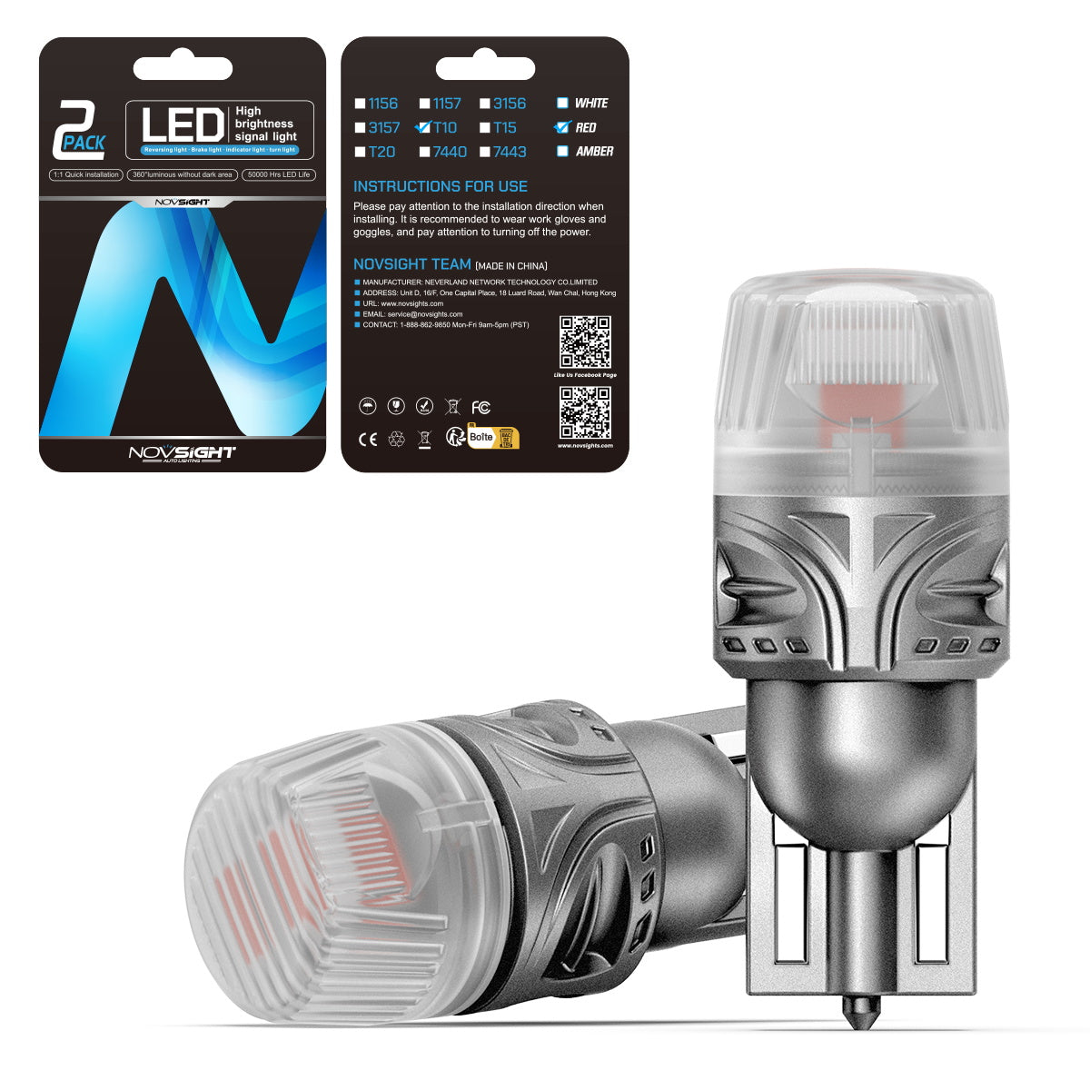 T10 158 161 168 194 W5W LED Bulbs for Rear Brake Tail Lights - Red - NOVSIGHT