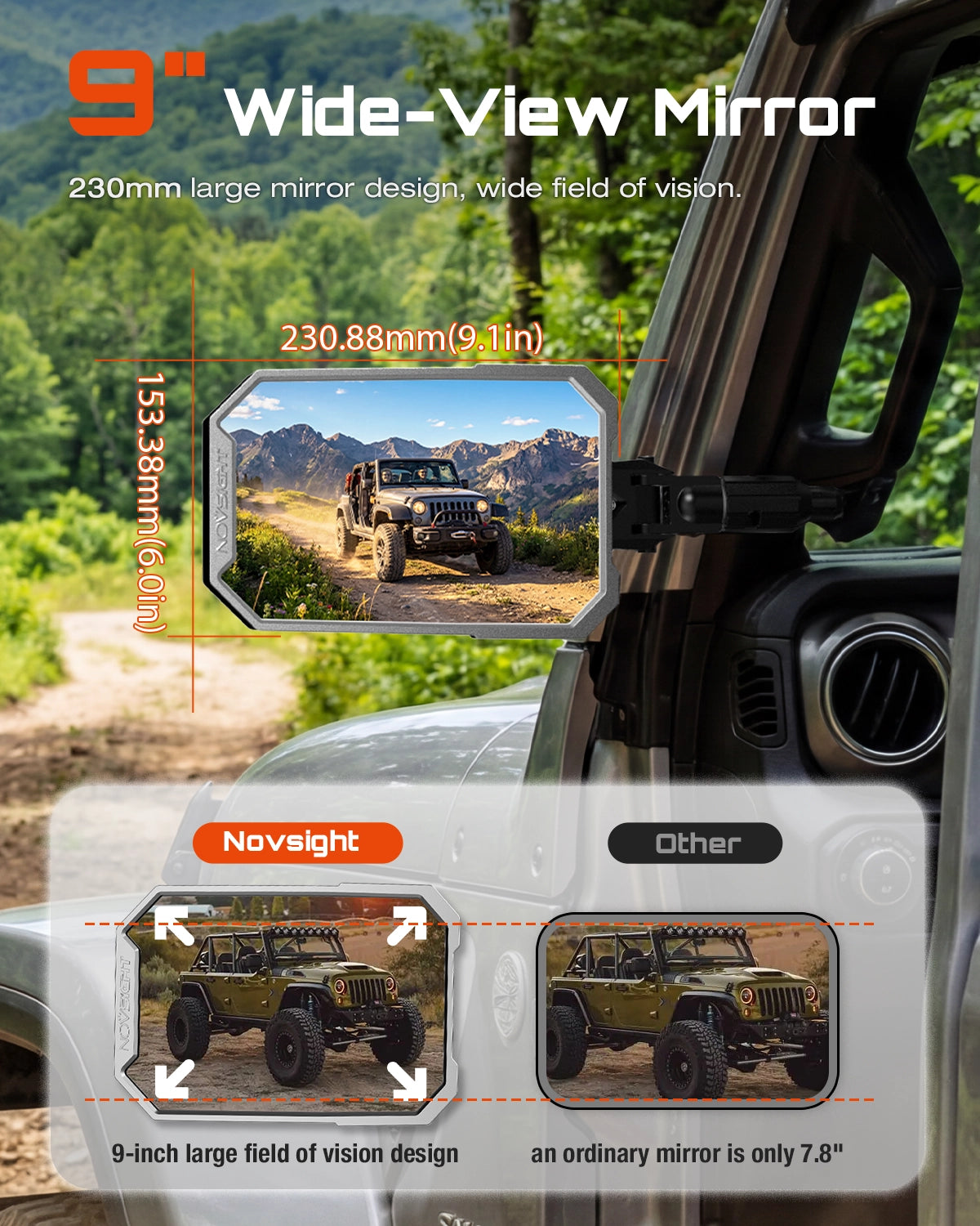 9-inch Side Mirrors for Doorless Jeep Wrangler JL JT on 2018-2023 - NOVSIGHT