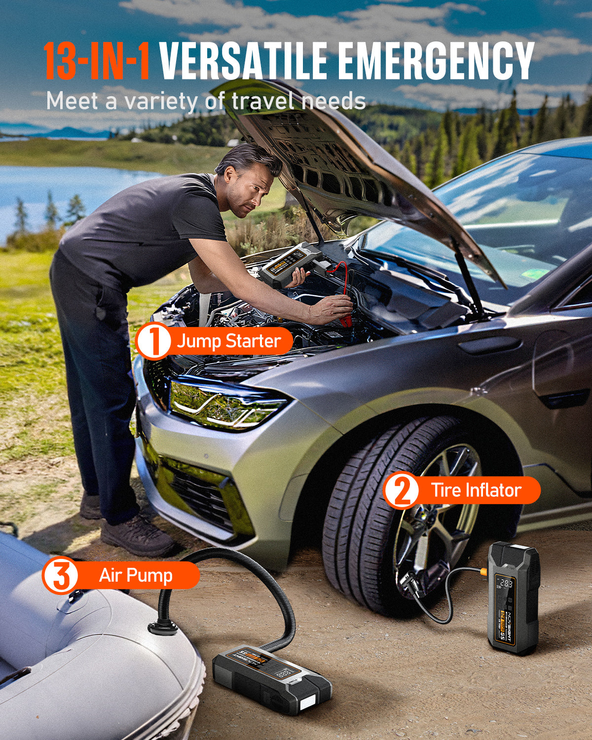 Emergency Car Jump Starter with Tire Inflator and Air Pump 6000A