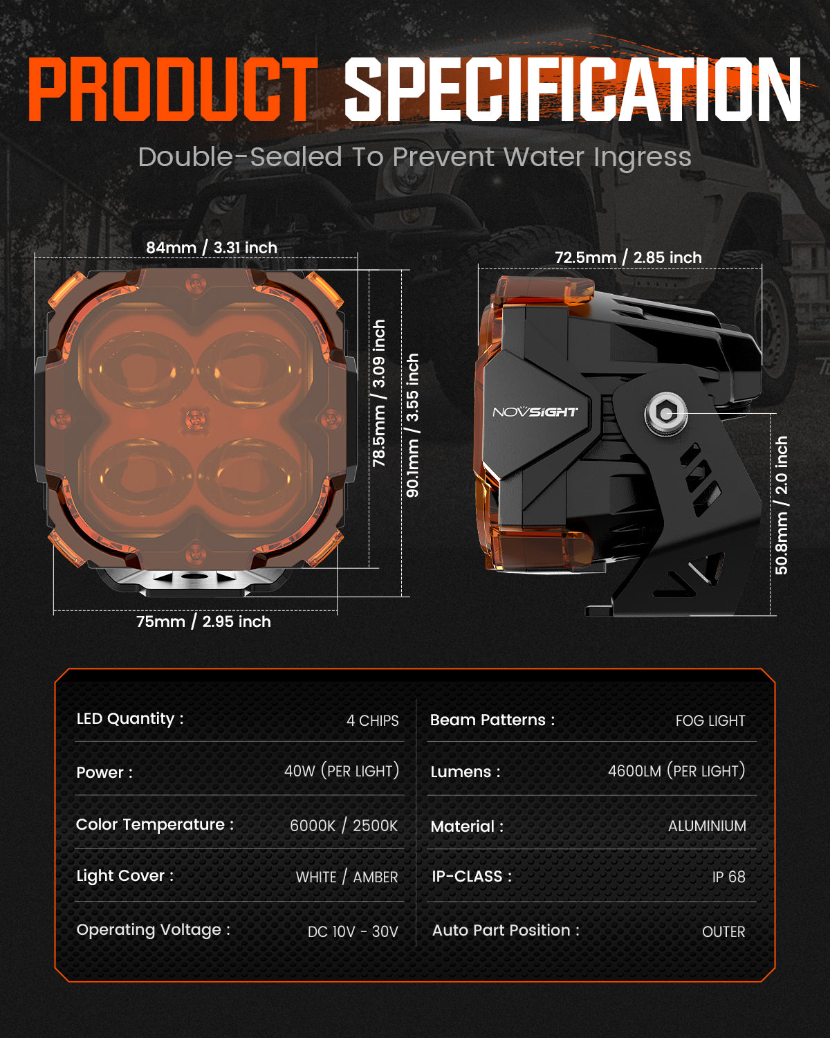 CYBER Series | 3 Inch Cube Pods Off-road Auxiliary Fog Light LED Light With Harness - NOVSIGHT