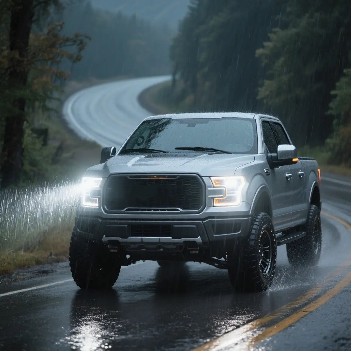 Gray pickup truck which installed novsight led headlight bulbs driving on a wet road surrounded by trees