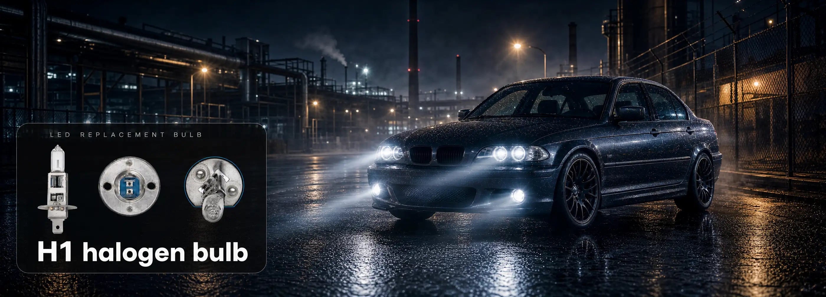 Car with H1 halogen bulb on a dark industrial background