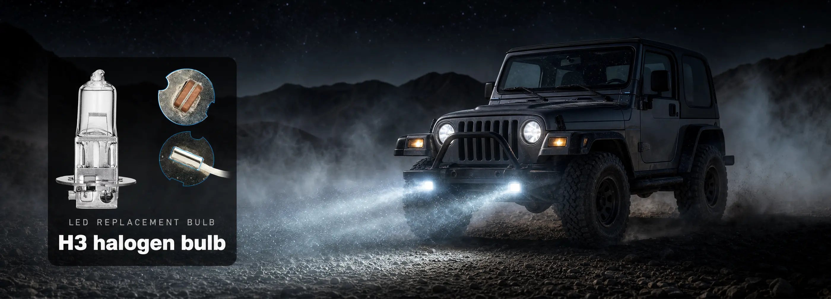 Jeep vehicle with H3 halogen bulb packaging on a dark background