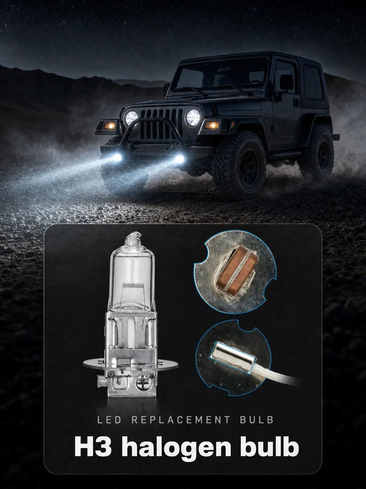 Jeep with fog lights on a dark road, featuring an H3 halogen bulb and LED replacement bulb.