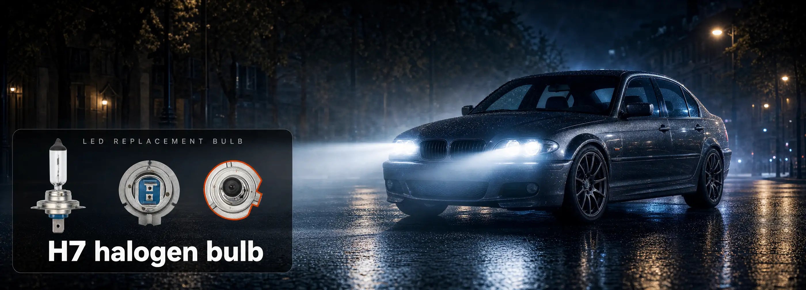 Car with H7 halogen bulb on a dark road, featuring bulb packaging.