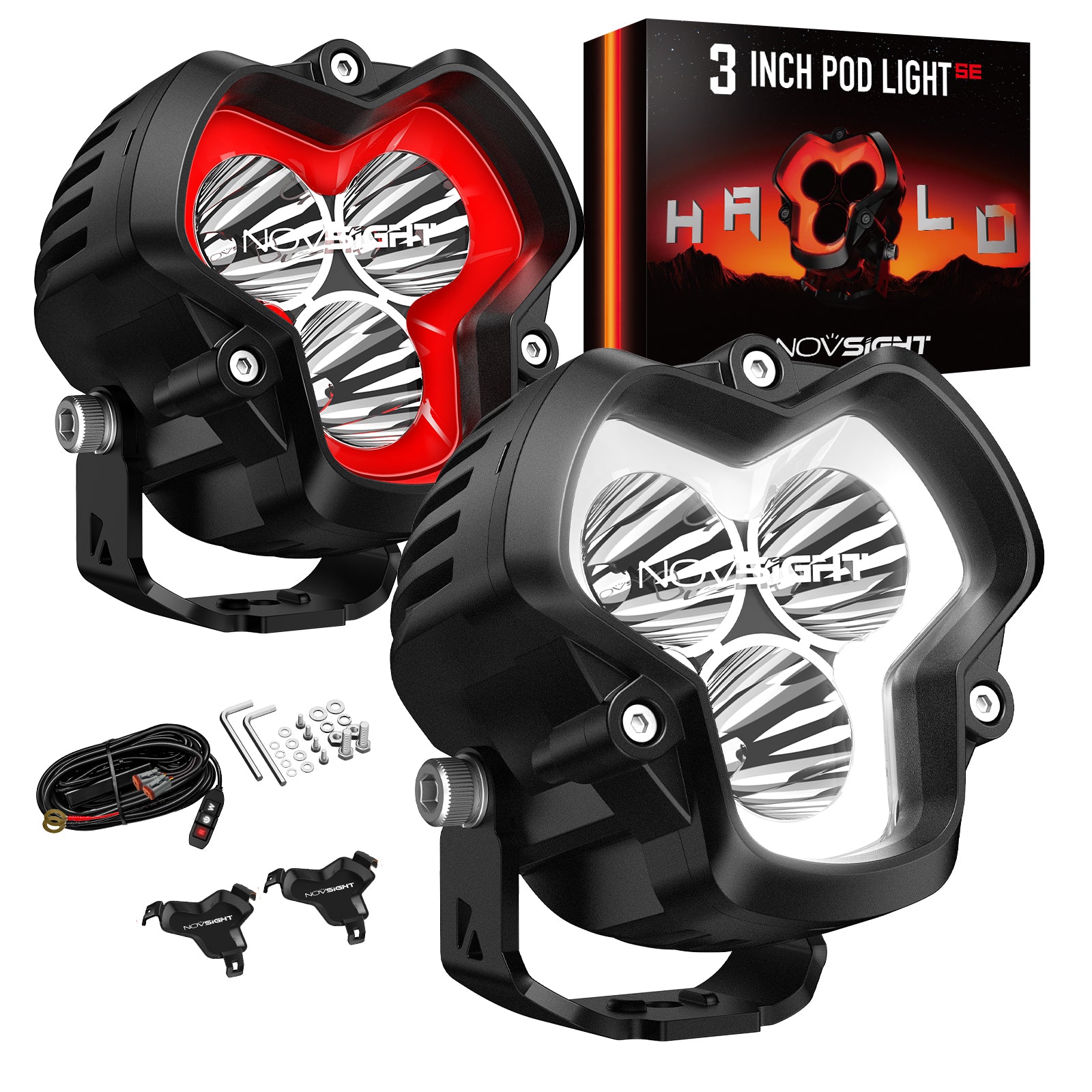 HALO SE Series 3-inch LED Pod Lights with Red and White DRL - NOVSIGHT