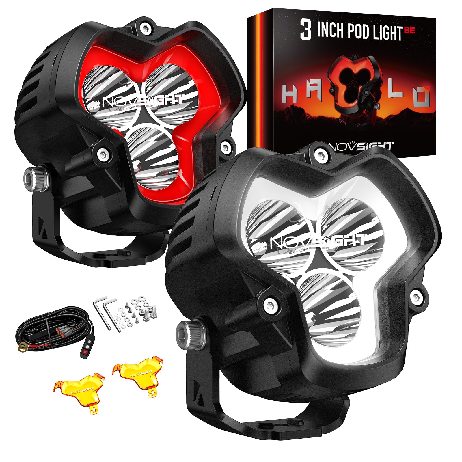 HALO SE Series 3-inch LED Pod Lights with Red and White DRL - NOVSIGHT