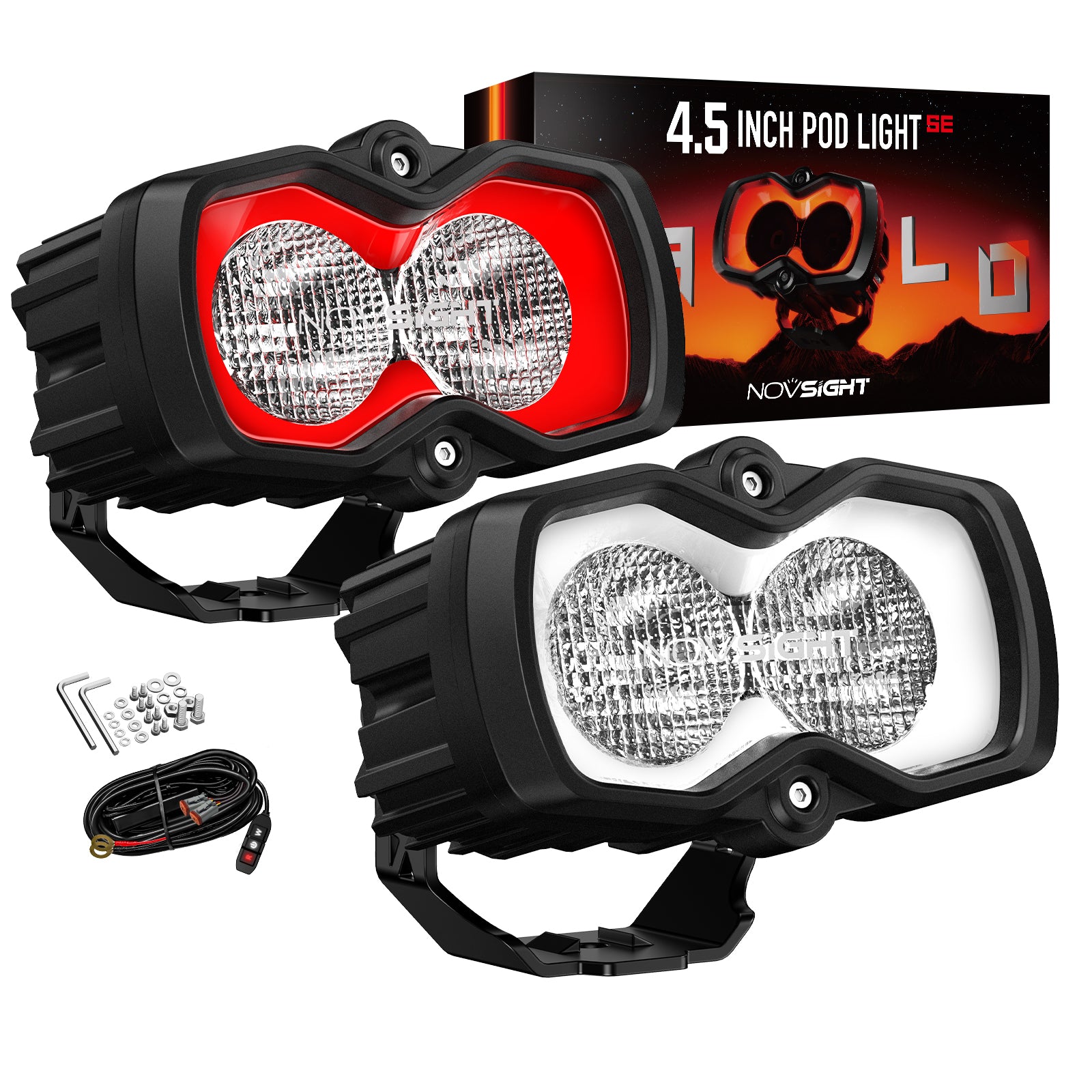 HALO SE Series 4.5-inch LED Pod Lights with Red and White DRL - NOVSIGHT