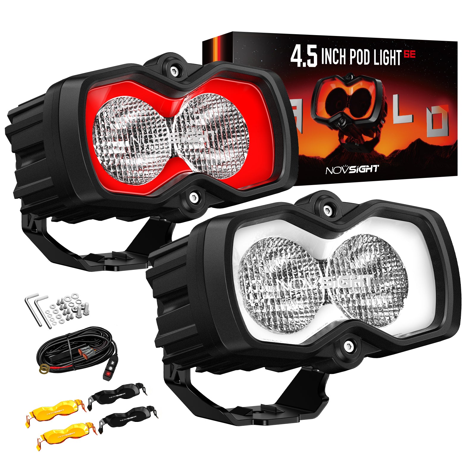 HALO SE Series 4.5-inch LED Pod Lights with Red and White DRL - NOVSIGHT
