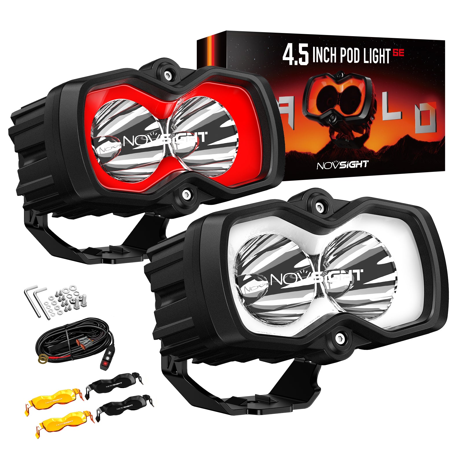 HALO SE Series 4.5-inch LED Pod Lights with Red and White DRL - NOVSIGHT