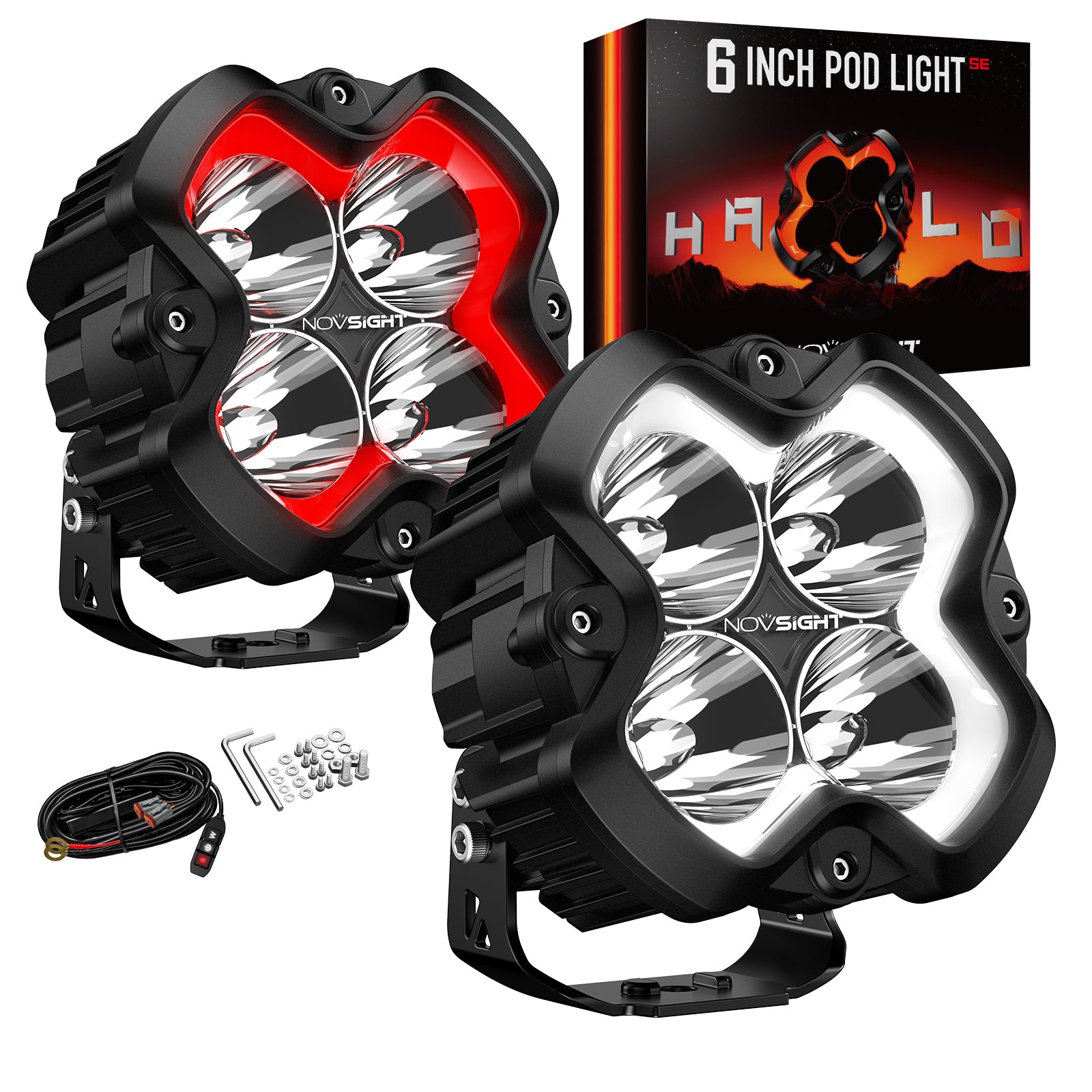 HALO SE Series 6-inch LED Pod Lights with Red and White DRL - NOVSIGHT