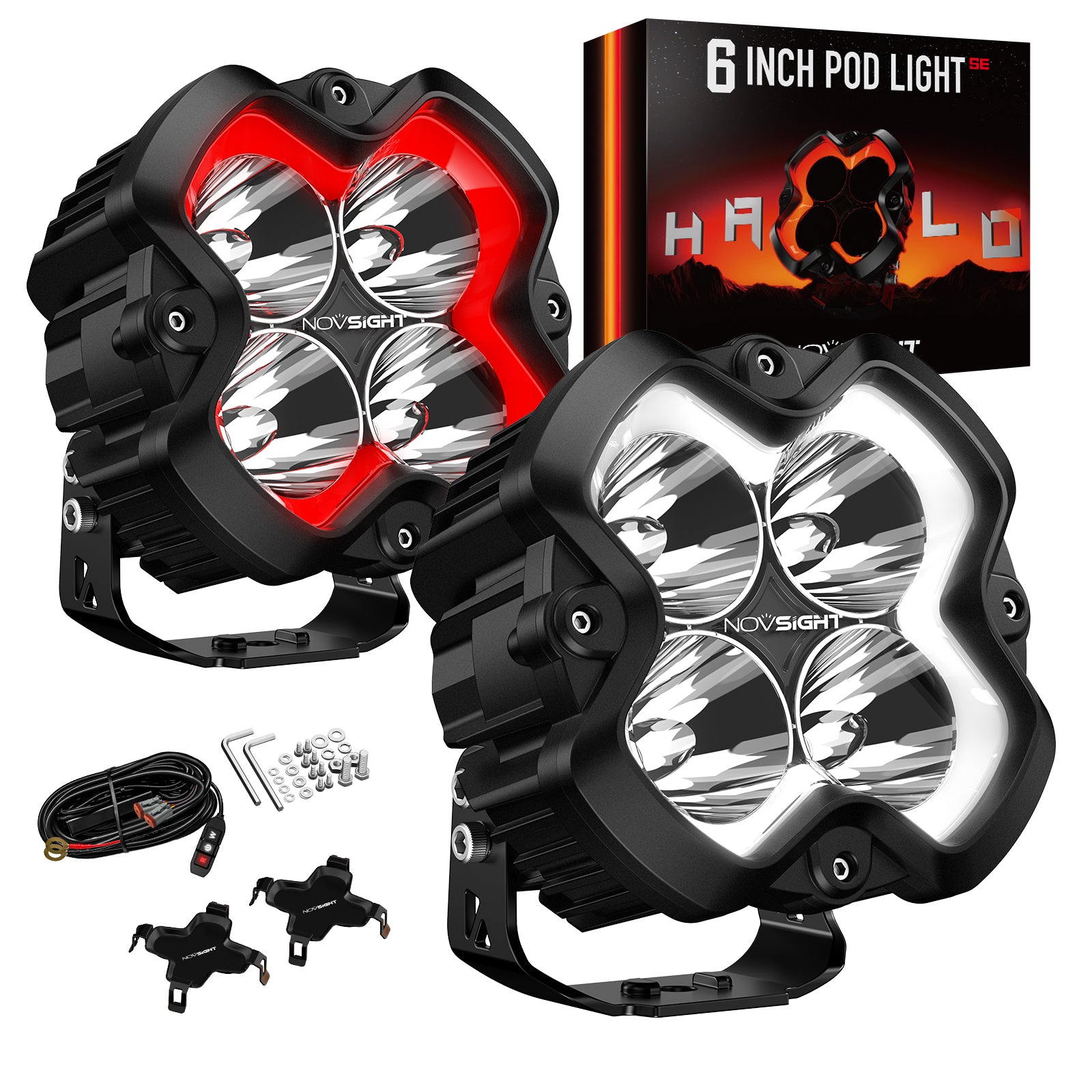 HALO SE Series 6-inch LED Pod Lights with Red and White DRL - NOVSIGHT