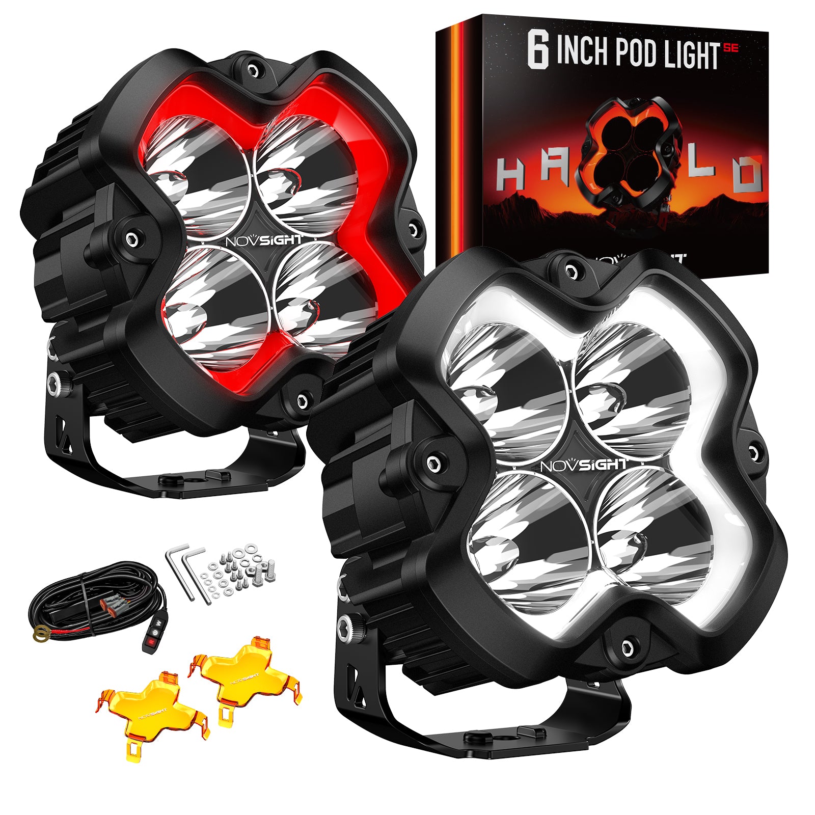 HALO SE Series 6-inch LED Pod Lights with Red and White DRL - NOVSIGHT