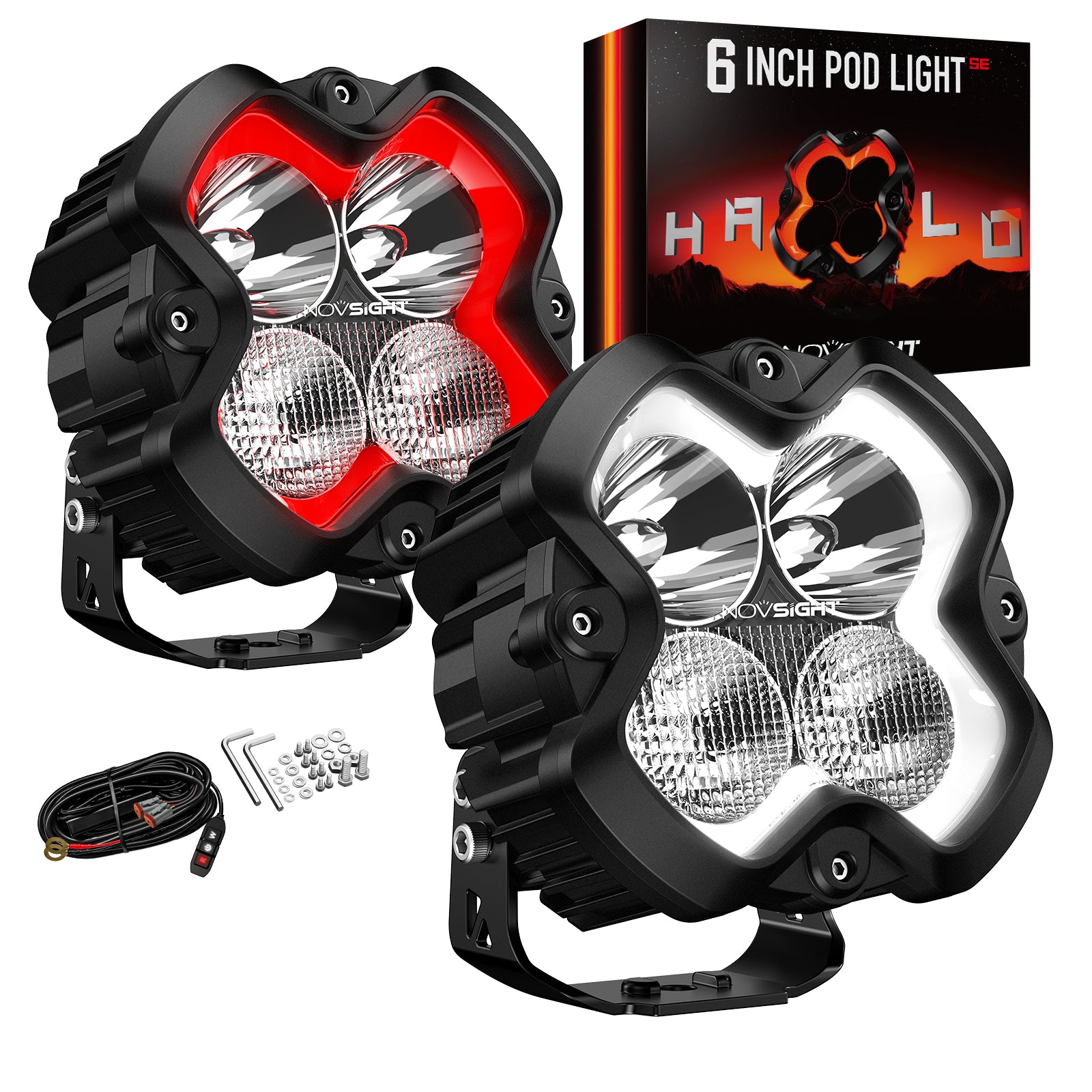 HALO SE Series 6-inch LED Pod Lights with Red and White DRL - NOVSIGHT