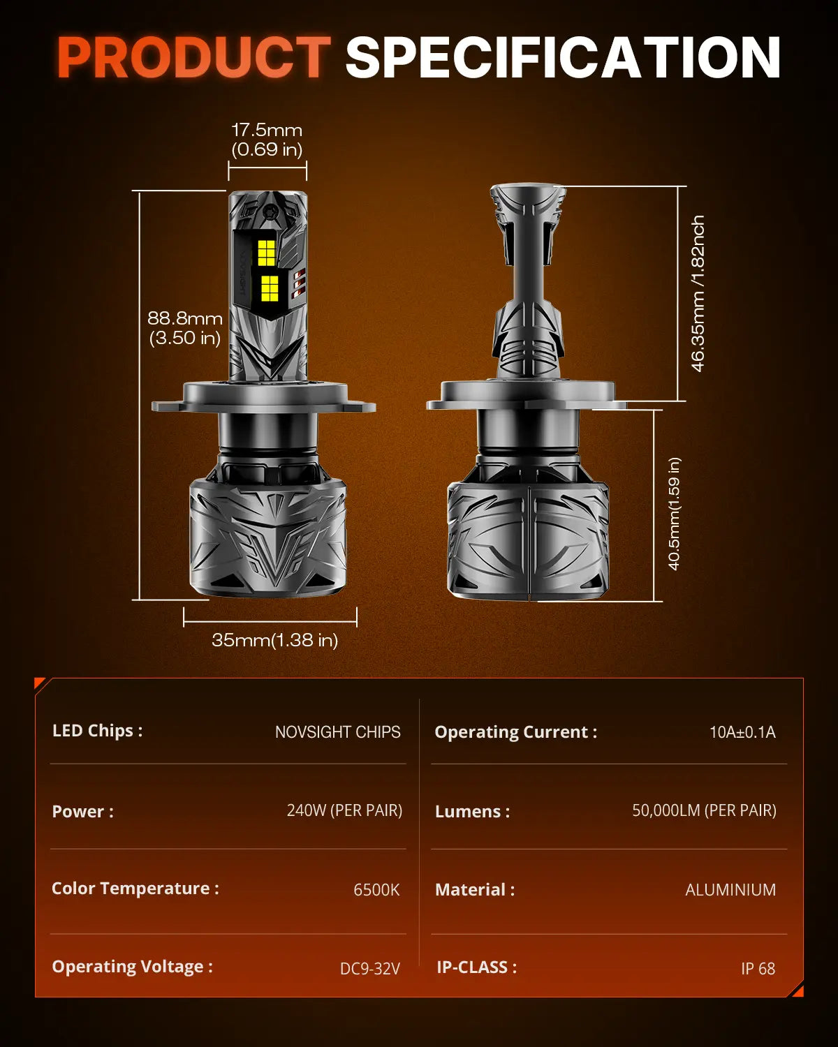 N70 Series | H4 9003 HB2 LED Bulbs Super Bright Headlights 240W 50000LM 6500K White | 2 Bulbs Headlight | Novsight