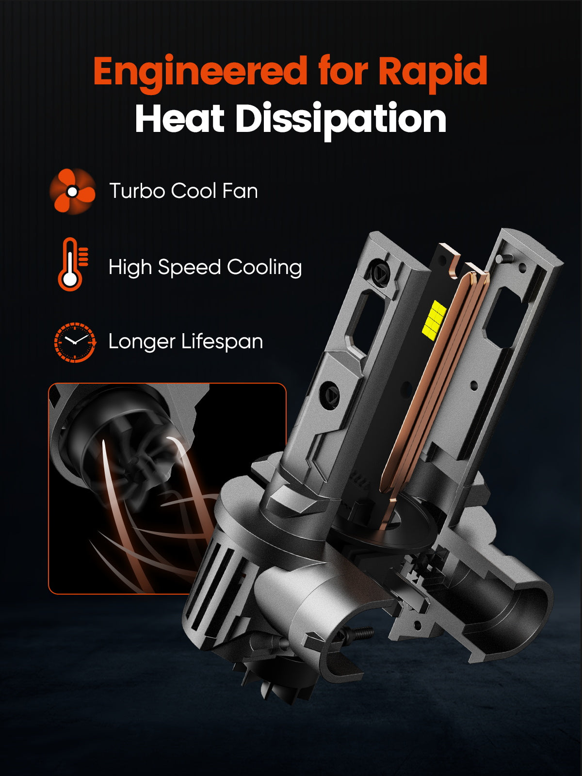 High-tech cooling system with turbo cool fan and text on rapid heat dissipation.