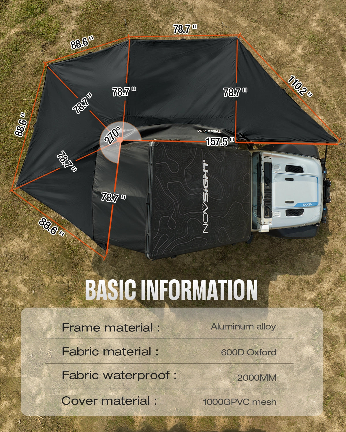 Novsight 270 Degree Car Side Awning for Camping – Black - NOVSIGHT