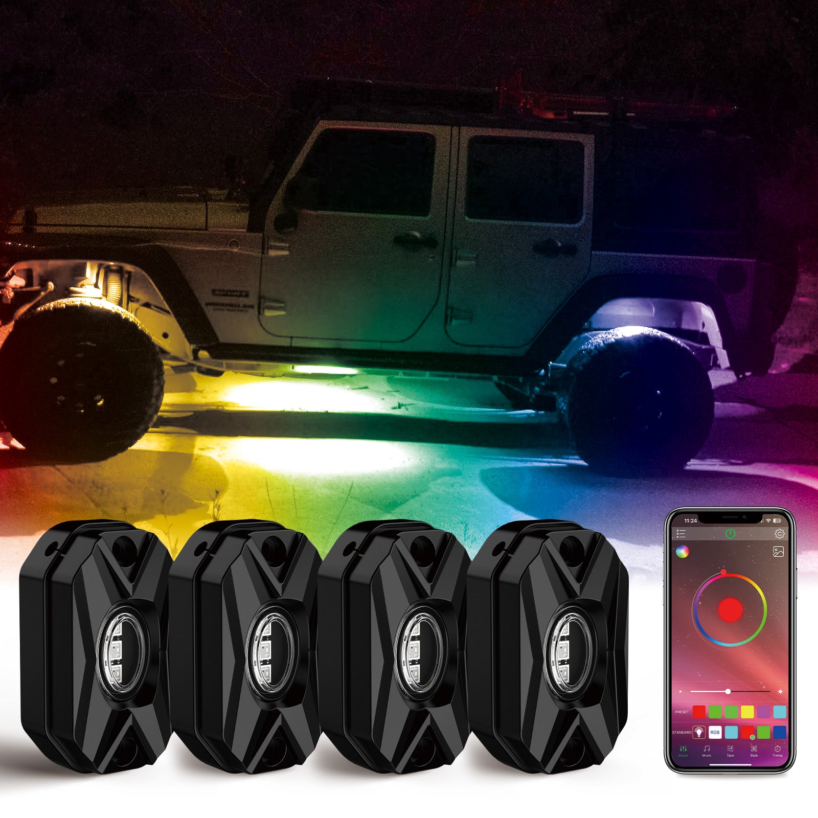 RGB LED Rock Lights Kit One to Eight (4Pods Set /8 Pods Set) - NOVSIGHT