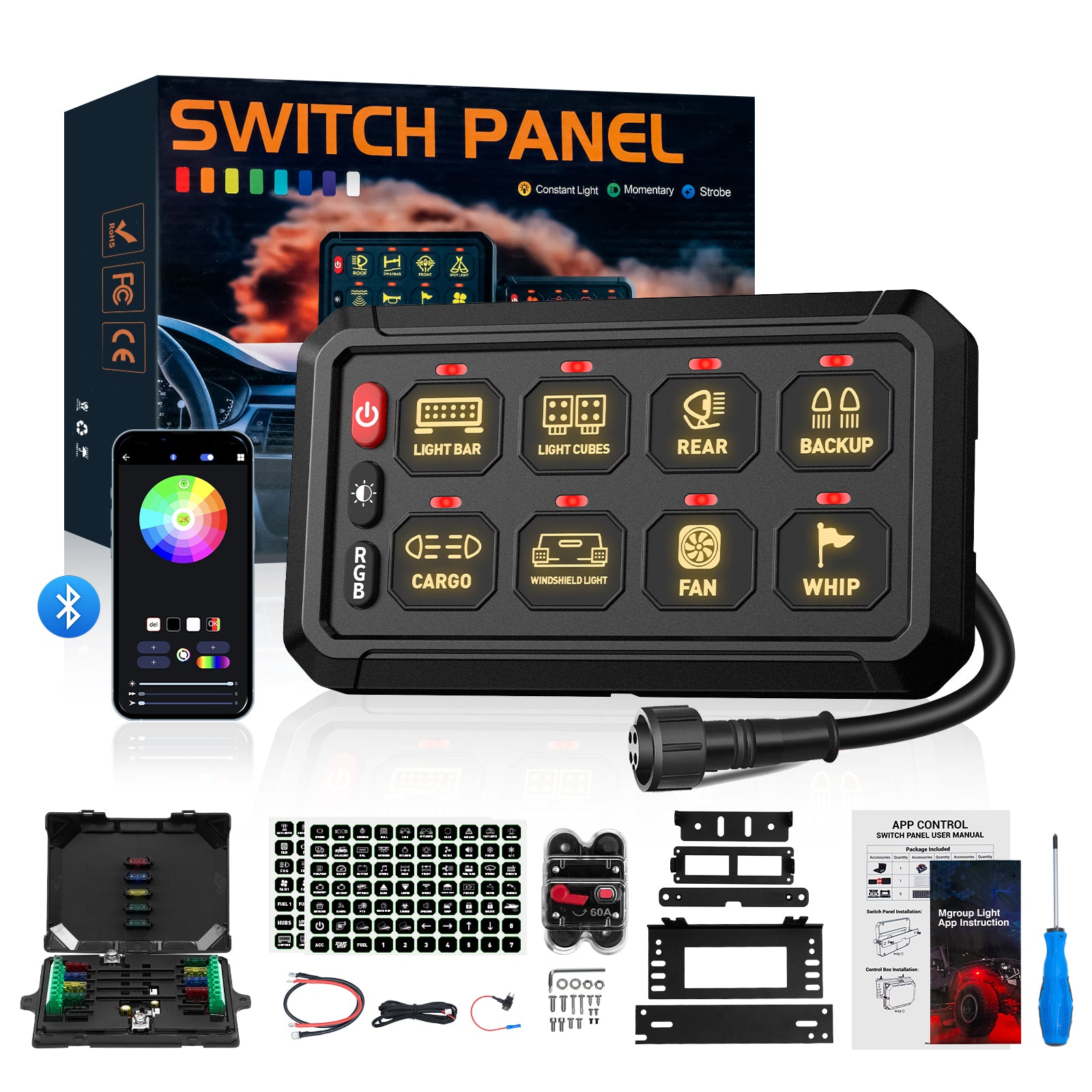 6-Gang Switch Panel Relay System With Wiring Harness - 12V 60A For LED Bars, Fog Lights, Off-Road
