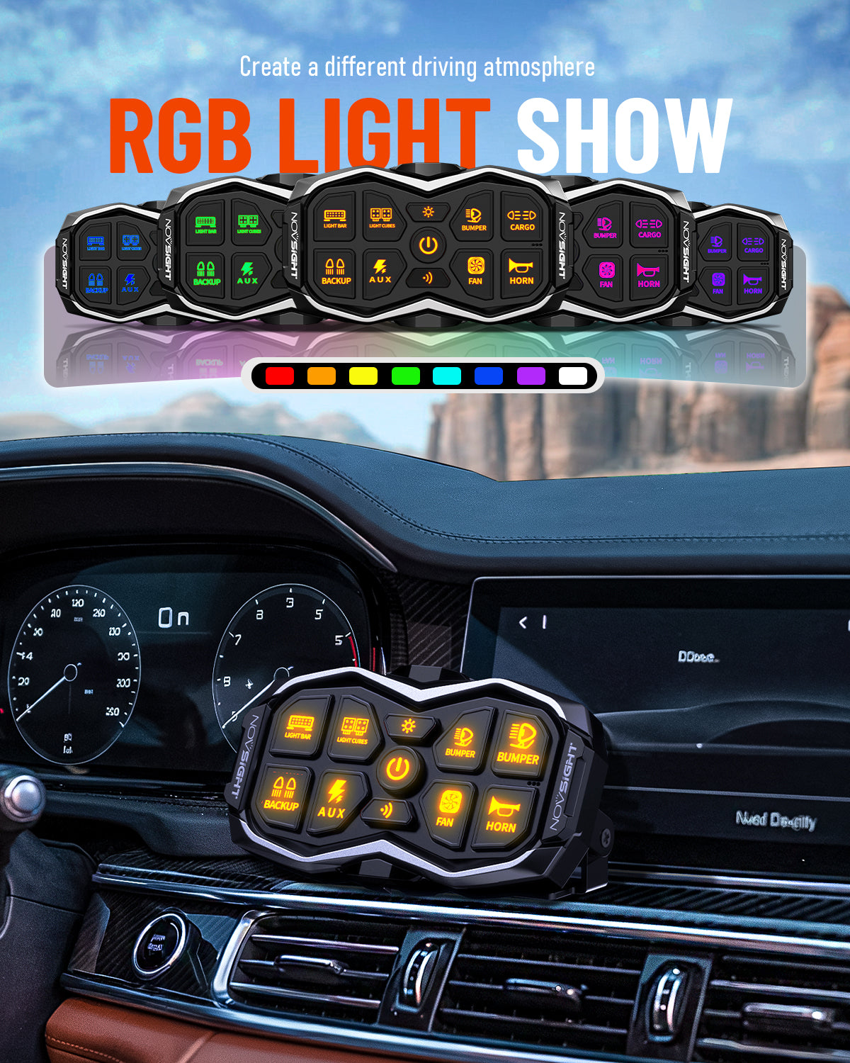 Car dashboard with RGB light control panel and colorful display against a cityscape background.