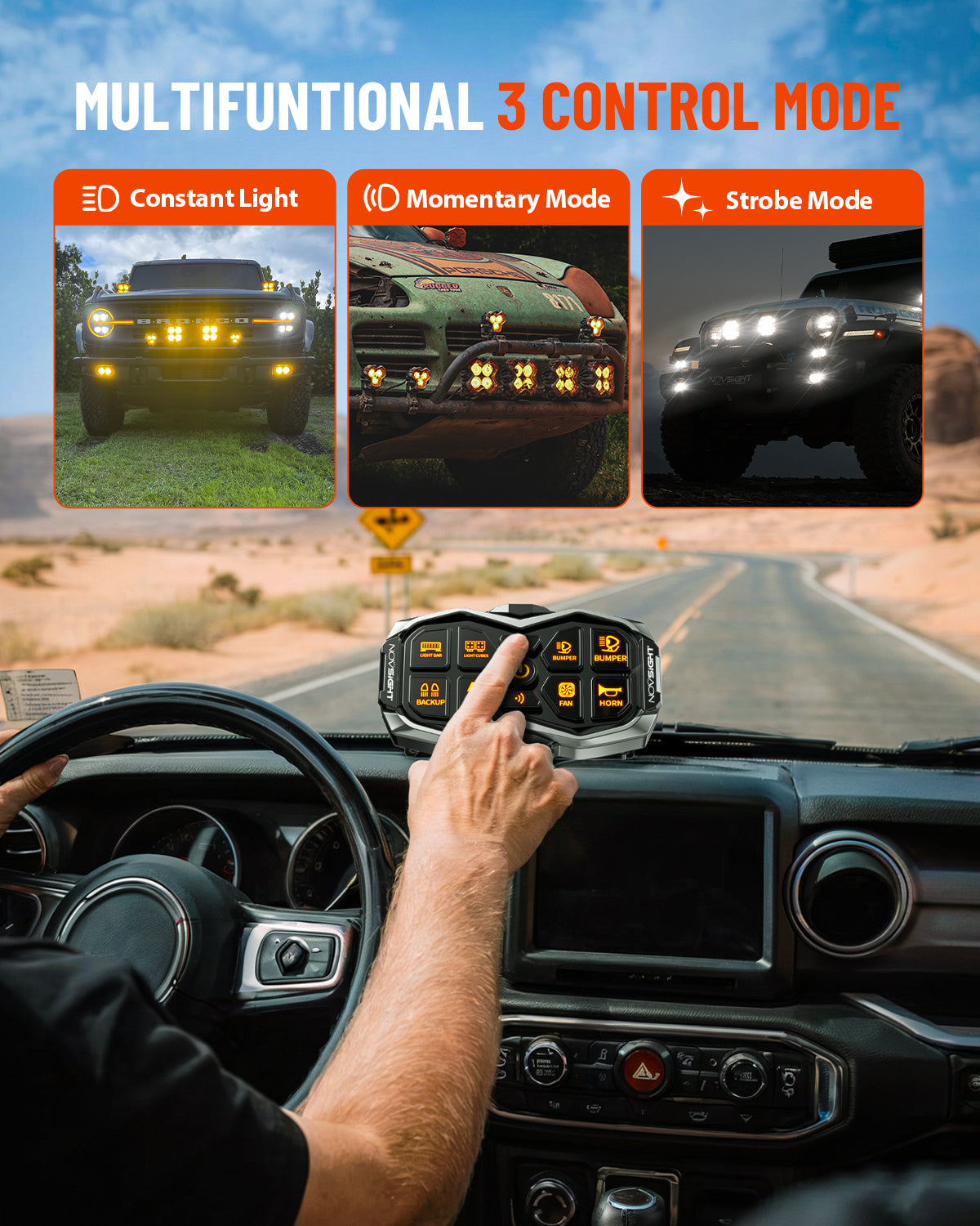 Multifunctional 3 control mode light system on a dashboard with desert road background