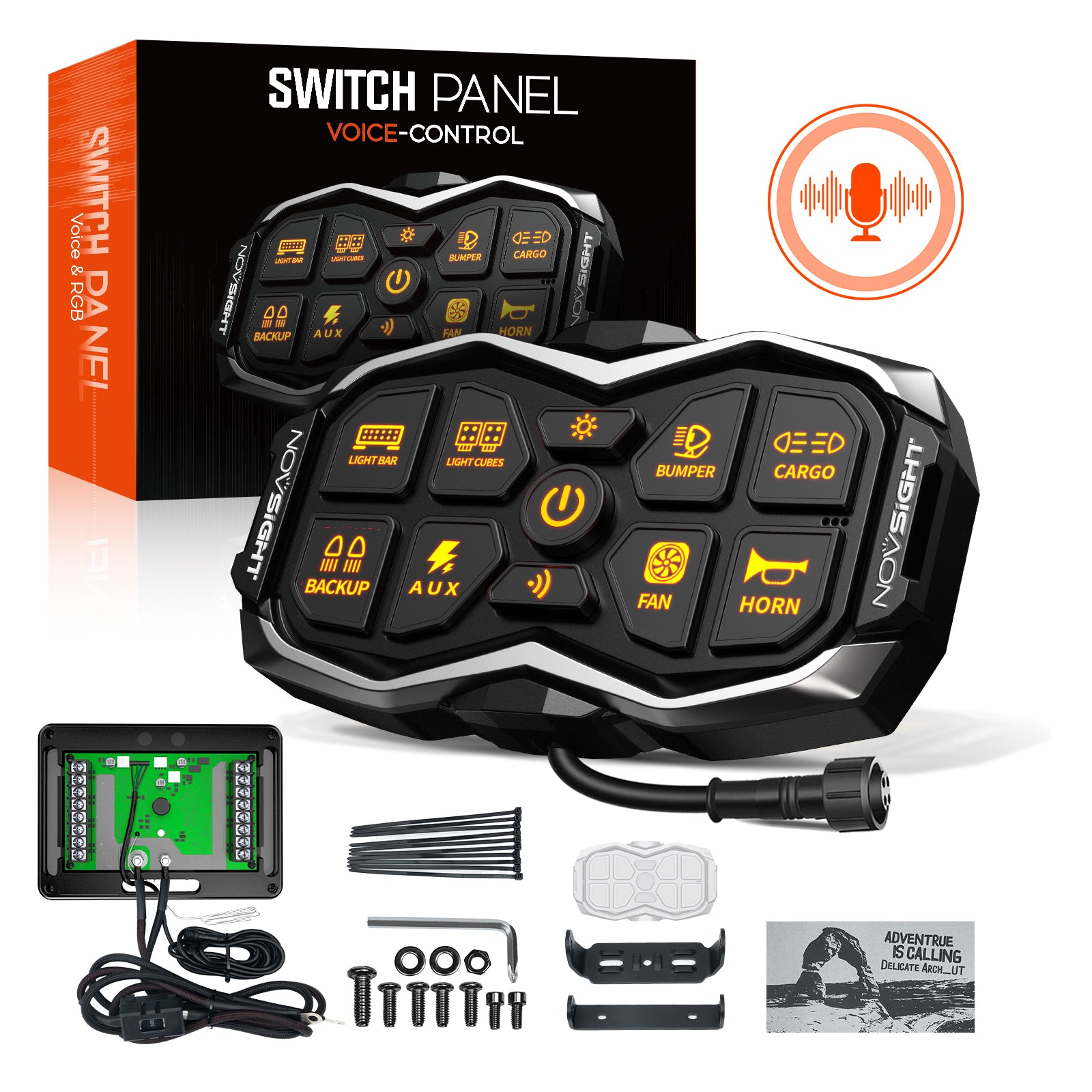 Motorcycle switch panel with voice control features and accessories on a white background