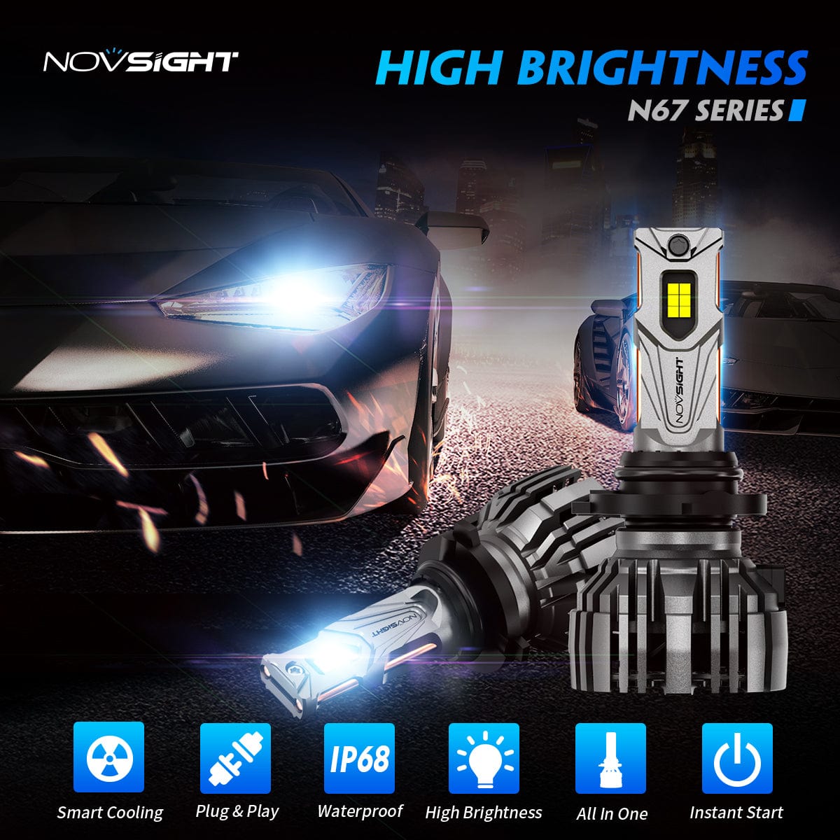 N67 Pro Series | 9005 9006 Combo LED Bulbs Intelligent Cooling System 140W 30000LM 6500K | 4 Bulbs - NOVSIGHT