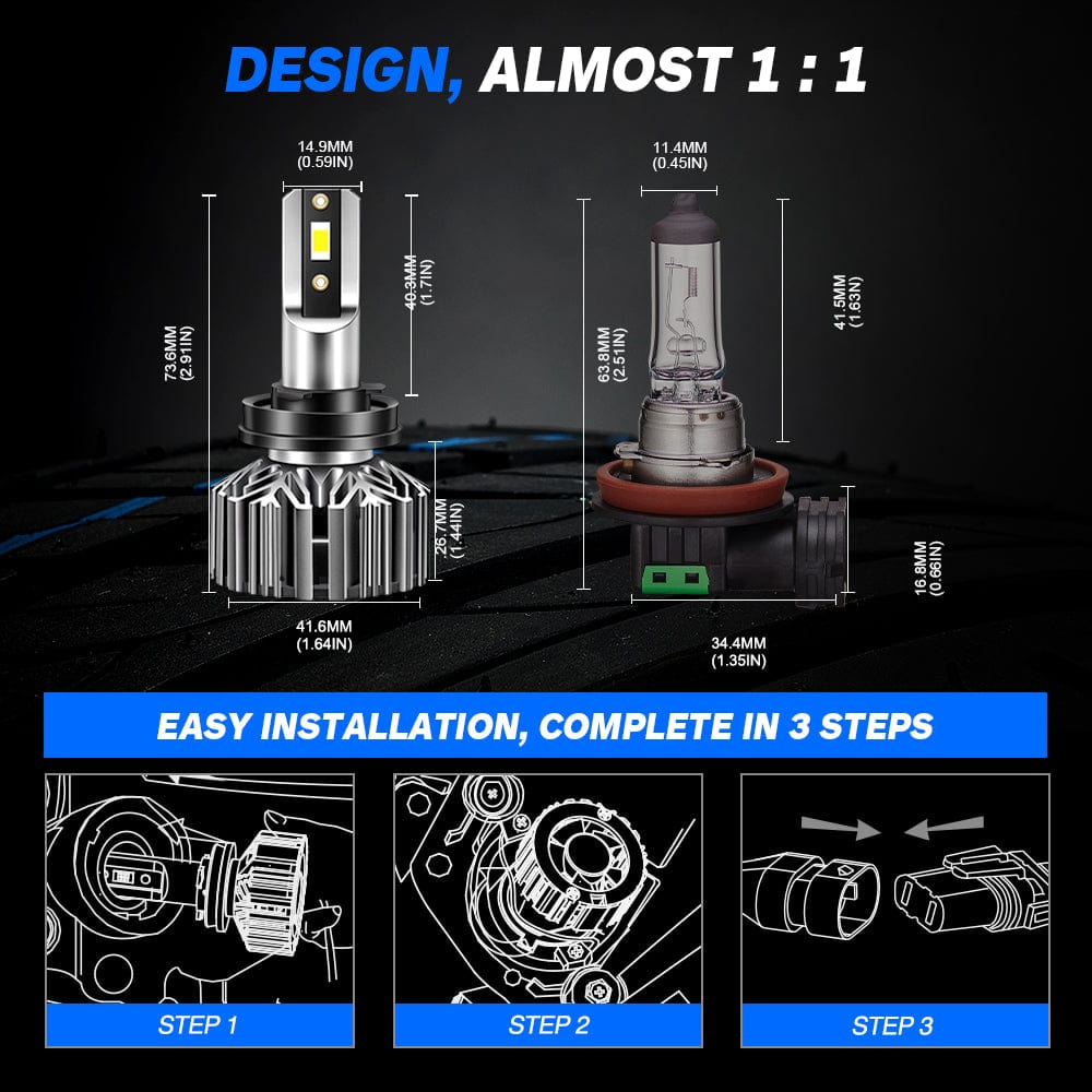 N11 Standard Series | H11 H8 H9 LED Bulbs Cost-Effective 60W 13000LM 6500K White | 2 Bulbs - NOVSIGHT