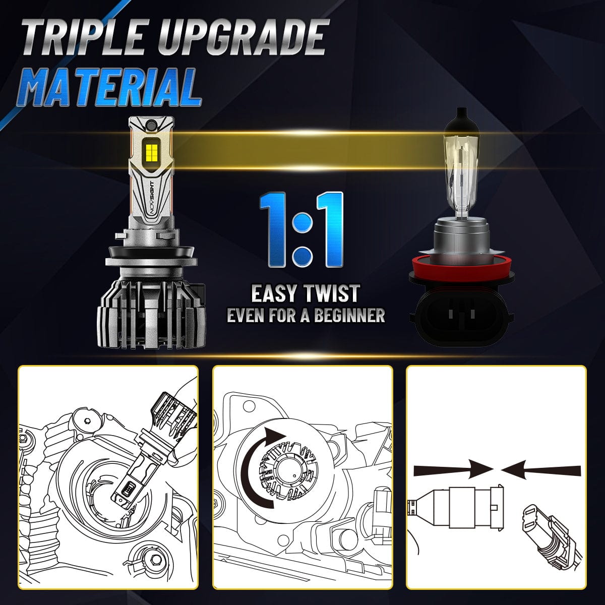 N67 Pro Series | H11 H8 H9 LED Bulbs Intelligent Cooling System 140W 30000LM 6500K | 2 Bulbs - NOVSIGHT