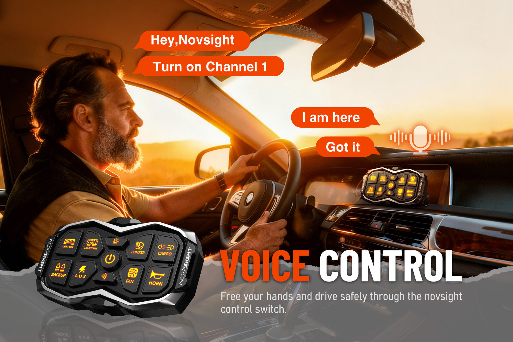 NOVSIGHT HALO 8-key voice control switch mounted on the dashboard.
