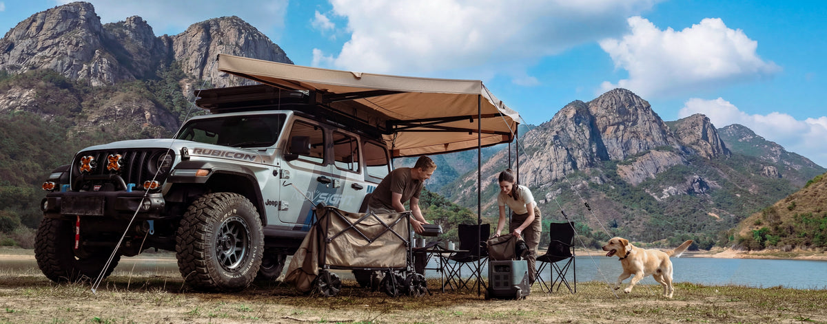Novsight 270° awning with LED light bars illuminated at night campsite