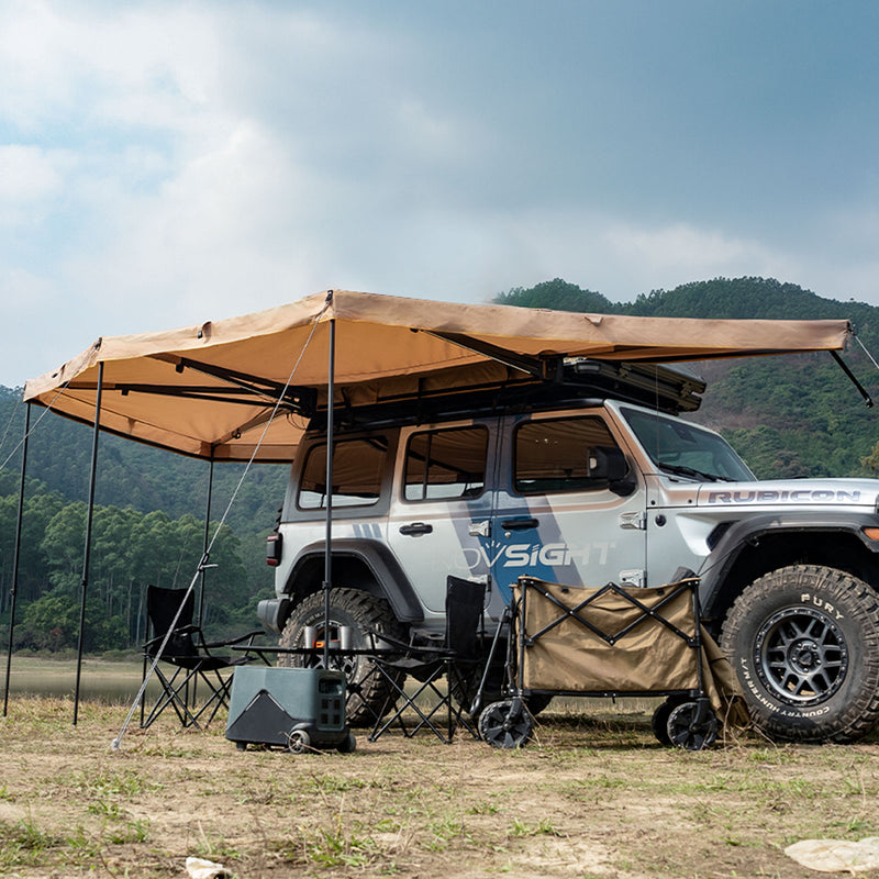 270° awning mounted on passenger side of vehicle