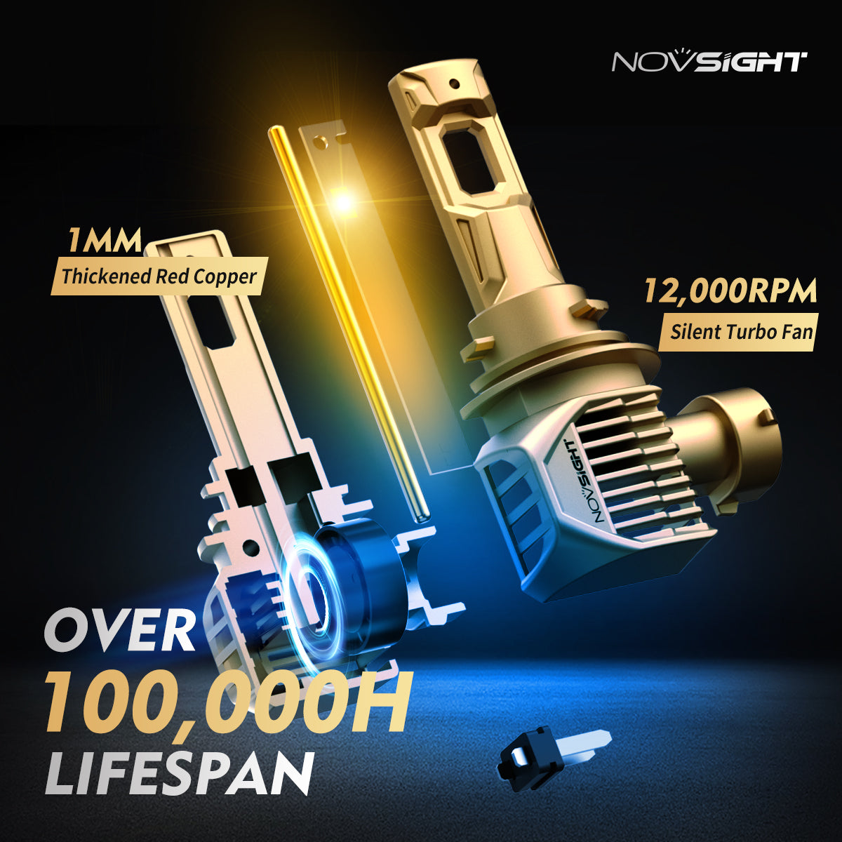 N62Y | H11 H8 H9 Yellow LED Headlight Bulbs 22000Lumen 100W 3000K Yellow | 2 Bulbs - NOVSIGHT